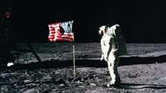 Apollo 11 astronaut Buzz Aldrin stands on the lunar surface during the first moon landing in 1969.