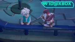 A screenshot from Moonlighter 2 showing two characters resting their arms on a railing. A graphic in the top right shows the Windows Central logo and says, &quot;ID@Xbox.&quot;