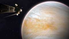 An illustration showing a spacecraft with various antennae floating in front of the orange and white swirling planet of Venus