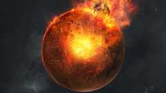 An illustration showing a red planet breaking apart, revealing its glowing liquid core