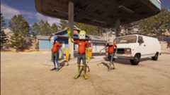 A trio of undercover aliens operating a gas station in Roadside Research.