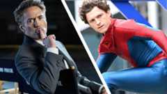 A collage of Robert Downey Jr sitting down and shushing the camera, and Tom Holland on the Spider-Man: Brand New Day set