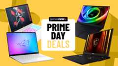 Gaming laptops on a yellow background with Prime Day deals badge in the middle