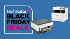 A Canon and HP printer on a blue background next to a TechRadar badge reading 'Black Friday deals'