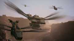 a swarm of sci-fi flying machines with dragonfly-like wings