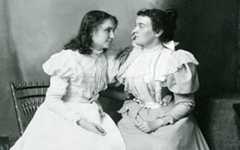 An image of Helen Keller with her teacher, Anne Sullivan, in 1897. Keller learned to "lip read" with her hands.