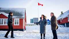 Danish Foreign Minister Lars Loekke Rasmussen, Greenland Minister for Foreign Affairs Vivian Motzfeldt, and Canadian Foreign Minister Anita Anand meet in front of the newly opened Canadian consulate in Nuuk, Greenland, on February 7, 2026. Canada, which opposes US President Donald Trump's claim to Greenland, opened a consulate in the Danish autonomous territory's capital on February 6, in a show of support for the local government. (Photo by Ida Marie Odgaard / Ritzau Scanpix / AFP via Getty Images) / Denmark OUT