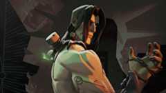 Victor from Deadlock stands poised edgily, hair over one eye, holding one wrist with the other hand.