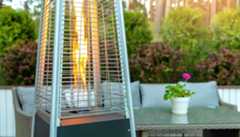 Patio heater on patio with outside furniture