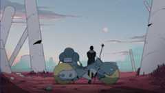 Azi and Levi stand in front of a sci-fi motorcycle in Scavengers Reign