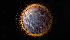 An artist's concept depicting the near-Earth orbital debris field, based on real data from the NASA Orbital Debris Program Office.