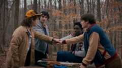 (L to R) Gaten Matarazzo as Dustin Henderson, Finn Wolfhard as Mike Wheeler, Caleb McLaughlin as Lucas Sinclair, and Noah Schnapp as Will Byers in Stranger Things 5.