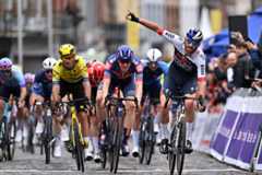 BINCHE, BELGIUM - OCTOBER 07: Jordi Meeus of Belgium and Team Red Bull - BORA - hansgrohe celebrates at finish line as race winner during the 38th Binche - Chimay - Binche / Memorial Frank Vandenbroucke 2025 a 203.2km one day race from Binche to Binche on October 07, 2025 in Binche, Belgium. (Photo by Luc Claessen/Getty Images)