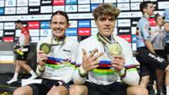 winners of the 2025 UCI Cycling Esports World Championships: Mary Kate McCarthy and Jason Osborne