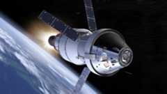 Artist's illustration of Artemis 2 mission including the Orion spacecraft with Earth in background