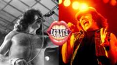 Bon Scott and Brian Johnson onstage (composite image)