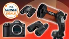 a camera, telescope and binoculars on a red background