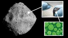 (Main) An image of the asteroid Ryugu as seen by the Japanese mission Hayabusa2 (Top right) a sample of Ryugu provided to NASA scientists (bottom right) an illustration of bacteria