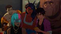 Flambee, Prism, Malevola, Invisigal, and Golem at the taco restaurant in Dispatch