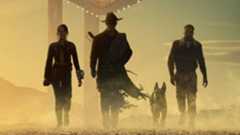 Lucy, the Ghoul, CX404, and Maximus walking toward New Vegas in Fallout season 2