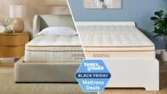 The image shows the Saatva Latex Hybrid mattress on the left and the Saatva Classic mattress on the right in a side by side comparison