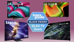 Four different OLED TVs from LG, Samsung and Sony arranged into quandrants in front of a colorful backdrop. In the middle of this arrangement is a hexagonal badge that reads: "Tom's Guide Black Friday OLED TV deals".