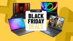 Gaming laptops on a yellow background with Black Friday deals badge in the middle