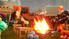 An image of two Palworld trainers seated by a campfire while their pal breaths a jet of flame onto the logs.