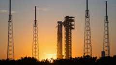 The Falcon 9 rocket and Dragon spacecraft that will fly the Crew-12 astronaut mission to the International Space Station for NASA stand on the launch pad at Cape Canaveral Space Force Station in Florida at sunset on Feb. 10, 2026.