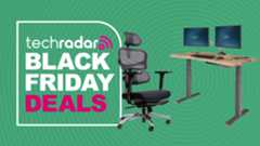 A Vari office chair and standing desk on a green background next to a TechRadar badge reading 'Black Friday deals'