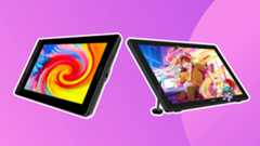 A product shot of the various best Huion drawing tablets on a purple background