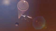 An illustration of a helicopter delivering a payload over the planet Mars