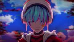 Screenshot from .hack//Zero's reveal trailer, showing a blue haired protagonist with headphones on looking into the camera. A blue sky stands behind him while ominous black threads creep toward his face.