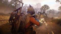 Arc Raiders quest missions list: A player wearing a blue and orange outfit with a streamlined helmet firing at a Leaper strafing in the distance.