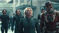 L-R: Bucky Barnes (Sebastian Stan), Ghost (Hannah John-Kamen), Yelena Belova (Florence Pugh), John Walker (Wyatt Russell) and Red Guardian (David Harbour) stand in a street looking shocked in a scene from Marvel Studios &quot;Thunderbolts*&quot;
