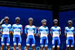 SAN JUAN, ARGENTINA - JANUARY 22: A general view of Delio Fernandez of Portugal, Alvaro Trueba of Spain, Venceslau Fernandes of Portugal, Ruben Simao of Portugal, Rafael Lourenço of Portugal, Carlos Salgueiro of Portugal and Team APHotels and Resorts - Tavira prior to the 39th Vuelta a San Juan International 2023, Stage 1 a 143,9km stage from San Juan to San Juan on January 22, 2023 in San Juan, Argentina. (Photo by Maximiliano Blanco/Getty Images)