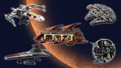 5 Lego Star Wars sets are placed in each corner and one in the center with a white glow around them on an orange planet background.