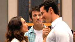 (L-R): Elizabeth Olsen as Joan, Miles Teller as Larry Cutler and Callum Turner as Luke in "Eternity" (2025).