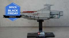 A LEGO Star Wars: Attack of The Clones Acclamator-Class Assault Ship on a black Lego stand.