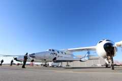 Virgin Galactic&amp;rsquo;s VSS Unity spacecraft and its carrier airplane, known as WhiteKnightTwo, on the runway before a &amp;ldquo;glide flight&amp;rdquo; test on June 1, 2017.