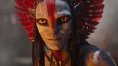 a female cgi sci-fi character painted red and black