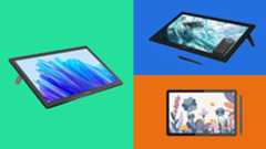 Three black drawing displays on a colourful background