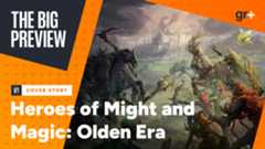 The Big Preview art of Heroes of Might and Magic: Olden Era showing warring armies with a town and a dragon in the background - showing the Cover Story tag