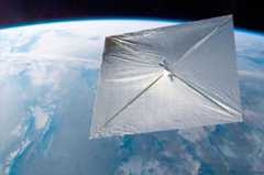 An artist's illustration of the Planetary Society's LightSail solar sail cubesat in orbit.