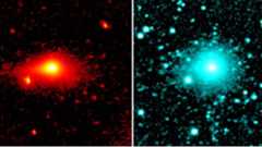 Two images side by side, the one on the left shows a large glowing ball of light in red near a bunch of glowing red dots, with the image on the left being the same image but in blue