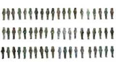 Dozens of shabti figurines lined up against a white background