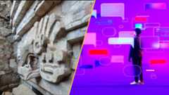 On the left is an image of a Zapotec tomb engraving. On the right a man stands among floating virtual text bubbles.