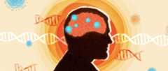 An illustration of a silhouette of a head with a brain inside and DNA helices in the background