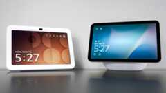 The Echo Show 8 (3rd Gen) next to the Echo Show 8 (4th Gen) on a desk