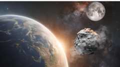 A blue green and white sphere next to a irregular grey object and a light grey sphere.